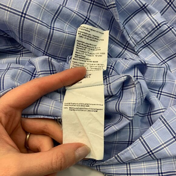 Hugo Boss Shirt Mens 16.5 Bluebell Cotton Sharp Fit Plaid Button Up Long Sleeve - Picture 6 of 10